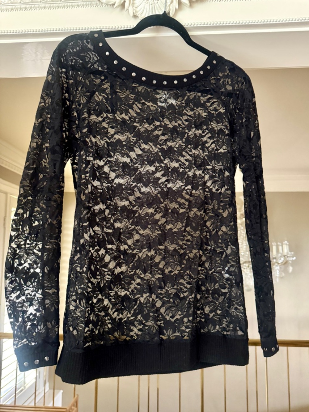 Vocal Black Lace Long Sleeve Top with Studded Collar
